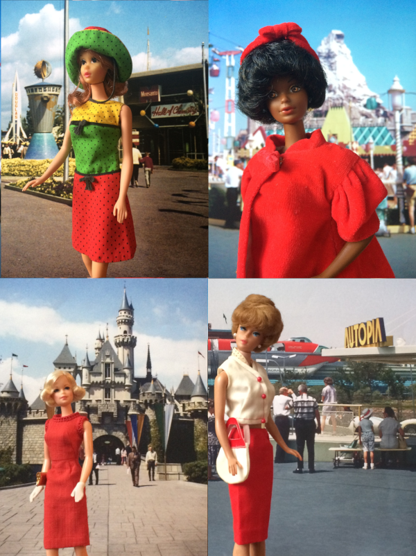 Four vintage or reproduction dolls in front of 1950s-1960s photographs of Disneyland. Counterclockwise from top left, vintage Walking Jamie in Studio Tour crosses in front of Tomorrowland, with the Clock of the World, Monsanto Hall of Chemistry, and Douglas rocket visible. Next, reproduction My Favorite 1981 Black Barbie in vintage Red Flare in front of Fantasyland, with the Matterhorn, Mr. Toad's Wild Ride, and the Sky Buckets visible. Third, vintage bubble cut Barbie in Crisp 'n' Cool stands in front of the Monorail and Autopia sign in Tomorrowland. Finally, reproduction blonde Stacey from the Nite Lightning set, wearing the Matinee Fashion dress from the reproduction 1965 My Favorite American Girl set, along with short white gloves and gold dimpled clutch.