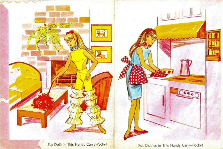 Inside of a paper doll folder. On the left side, barbie in Caribbean Cruise dusts a coffee table. Behind her is an orange armchair and across the table a yellow sofa. At the back, a brick fireplace with hanging ivy-like plant and two framed cats. At right, Barbie in a blue sheath and matching red polka dot apron and oven mitts, holding a casserole dish in front of an oven and range with hood. On the range sits a coffee carafe and to one side a spice rack hangs. Bottom of the folder bears the usual instructions for storing dolls and clothes.