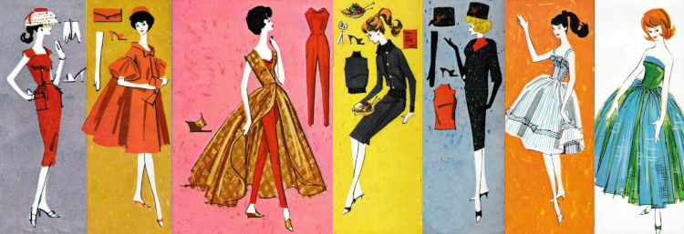 Color illustrations of Barbie and Midge from little Mattel fashion booklets that came with the dolls. Shown are: Sheath Sensation, Red Flare, Dinner at Eight, Sweater Girl, Career Girl, Movie Date, and Senior Prom. 