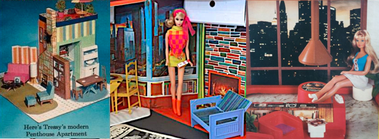 3 shots of doll penthouses. L: color catalog image with caption reading "Here's Tressy's modern penthouse apartment." C: Jamie stands inside her "Party Penthouse" case. R: Photograph from the front of Tuesday Taylor's pentouse packaging shows Tuesday seated inside her structure.