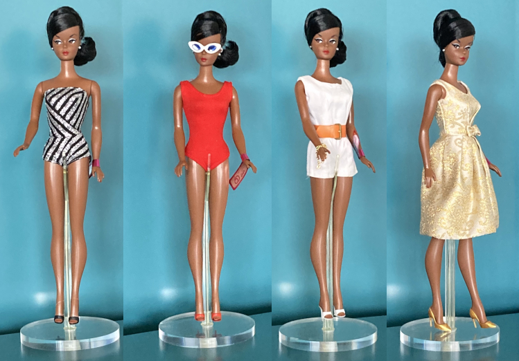 Four images of Sixties Sparkles nostalgic Black Barbie wearing: her original swimsuit; reproduction of the red swimsuit worn by vintage bubble cut and swirl ponytail Barbies; white pak playsuit; and the 12 Days of Christmas (2022) Belle dress).