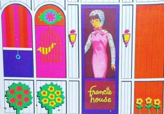 Francie is illustrated standing at a screen door wearing Party Date. Her form occupies the full height of the doorway. The bottom part of the door is a solid panel that says "francie house" in yellow on brown. In arched windows there is one blind with vertical red, orange and pink stripes, and one stained glass panel with stylized bird in birdcage beneath.  