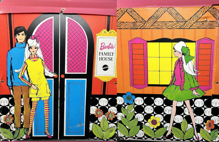 In the lefthand panel an arched double door is shown. To one side a placard reads "Barbie Family House (Mattel)" and to the other side Barbie and Ken pose facing the viewer. This scene resembles a couple before their new home, along with the word "family," suggesting certain things about Barbie and Ken's relationship at this point in time. In the second panel, as above, is a scene of an orange wall with black-and-white tile on the lower half, a single window, and a figure standing before the window. The figure is likely Stacey, with her blonde side ponytail. She appears to be wearing the Fancy Dancy ensemble.