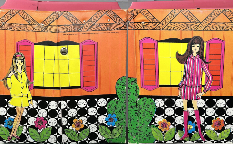 An orange building with black-and-white tile on the lower half, pink-and-orange shutters, and yellow windows. Barbie and family are illustrated in a new stylized fashion, with dark inked details, angularity, and lots of texture in their hair. Although not similar to the early Barbie illustrations, this style represents a regression from the photorealism that Barbie illustrations had earlier tended toward.