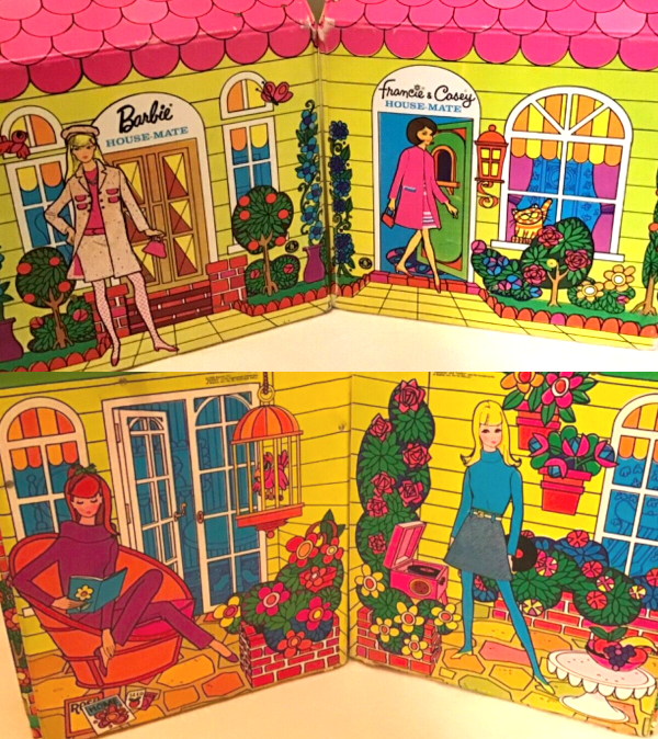 Front and back of two House-Mates. On the fronts, Barbie and Casey stand on the sidewalk, with windows, doors, and well-groomed plants around them. The tops are pink shingled roofs. On the backs, Barbie sits reading next to a caged bird, with magazines strewn about, while Francie stands next to a record player, both in their gardens.