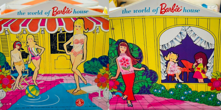 Front and back of yellow house structure. On what we're calling the front, Barbie, Francie and Casey in their swimsuits are shown approaching an in-ground pool. The house from this direction sports a pink-and-orange awning. On the back, Skipper stands on a magenta walkway, while Tutti, seated at a child-size piano, and Chris look out from a picture window with ruffled white curtains.