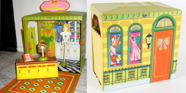 Color photos of play set. The one at left shows the same set as at the top, but no clothes hang on the rack or mannequin. The wall behind the clothing rack and leading into the dressing room is revealed to be lime green, like the roof. At right the box is shown with the front panel closed off to form an exterior wall, on which is lithographed an orange door with butterfly decoration and two windows displaying (illustrations of) dresses, boots, handbags and wigs. Above the door and windows are transoms of rainbow-colored glass, and a black wrought-iron fence is depicted running along the bottom.