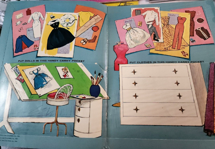 An open folder showing white furniture: a drafting table with red-cushioned stool, a little round side table with drawers, and a larger four-drawer chest. On the drafting table is a drawing of Friday Nite Date, a headshot of barbie and other papers. The little table is pulled close to the chair and holds a palette and brushes. Hanging on the walls are sketches of Registered Nurse, After Five, Party Date, Dinner at Eight, Sorority Meeting, and a couple Ken fashions. A dressmaker's dummy and bolt of fabric sit to either side of the chest of drawers. The instructions to put dolls in one pocket and clothes in the other appear over the pockets. along the tops of the drafting table and chest of drawers.