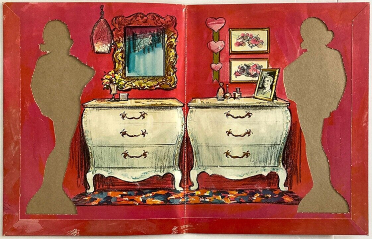 Red folder lies open. Toward the center, a matched pair of white three-drawer dressers in a classical style are illustrated over a printed area rug. Over one dresser a mirror in gilt frame hangs, surrounded by a pendant lamp, vase, and perfume or costmetics jar. To the right side, on the wall hang some indistinct works of art--possibly floral--and a vertical banner of three hearts. On the top of the dresser sit more bottles and a framed portrait of a fellow, possible Alan. To the sides of the dressers are Midge-shaped holes revealing brown inside paper or cardboard material.