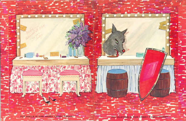 Another red folder. This one shows two two-seater vanities before large mirrors surrounded with lights. One vanity has a pink floral skirt and white stools with pink cushions; the other has a pale blue skirt with blue-cushioned barrels for chairs. On this vanity rests a wolf head, and red shield leans on one of the barrels. On the pink vanity are a bouquet of flowers and various cosmetic items. A note written on the mirror reads "Barbie-- Rehearsal at 7 am - Midge" A pair of black open-toed shoes sits next to one of the pink seats. Along the bottom are the same messages to put dolls in one pocket and clothes in the other.