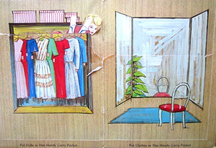 Open folder with woodgrain look. To the left a closet is illustrated with pink tags hanging prominently from all the sleeves (Coutnry Club Dance stands out as a recognizable dress among them). Above these are boxes of various sizes. A horizontal slash through the closet where the hanger rail would be opens and blonde bubble cut Barbie, in paper doll form, can be seen peering out along with a bit of one of her fashions. The righthand side shows a three-panel "mirror" with a red-cushioned chair and blue area rug before it. Most of the "mirror" is a blur of white paint over brown, but the chair is clearly rendered in reflection. Unsettlingly, the reflection of a potted plant is shown in the corner between two of the mirrors, apparently in the foreground, but the plant itself is not illustrated. Along the bottom of the two sides is written "Put Dolls in This Handy Carry Pocket" and "Put Clothes in This Handy Carry Pocket."