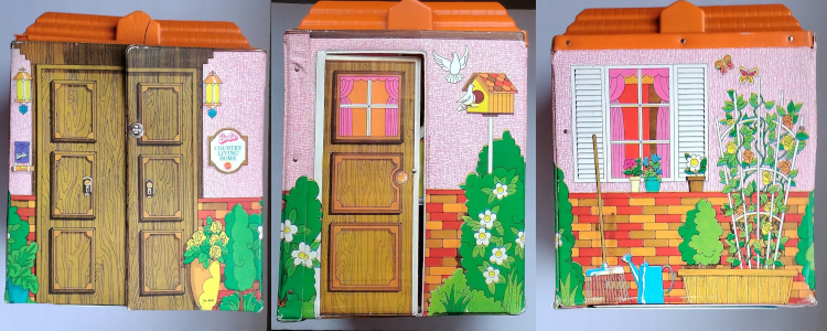 Three views of vinyl house exterior. Details include brickwork halfway up the wall and some pinkish stucco type texture above, wood grain look louvered doors, porch lights, plaque reading Barbie Country Living Home, pink curtains seen through windows, white shutters, birdhouse with doves, white flowering bushes, rose plant climbing a lattice, rake and watering can, potted plants including flowerpots along the brick wall, flowerbed, white flowering shrub and other shrubs.