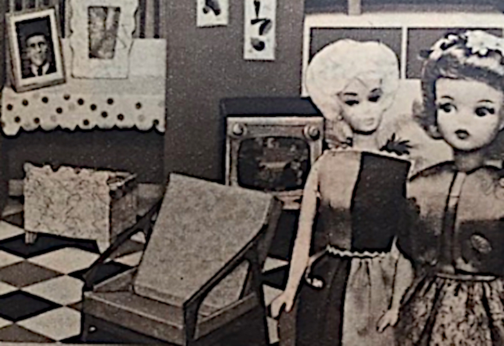 Close up on the black-and-white catalog image bove, The TV is in the background but may show evergreen trees and a crescent moon. Also in frame are an armchair with modern lines and a couple of framed pictures--one of a man in a necktie, one indistinct--on the vanity. Barbie and Tammy are both shown standing "in" the space, but possibly collaged on. Barbie looks like Fashion Queen in blonde wig, wearing Fancy Free.