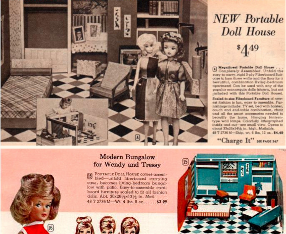 Two catalog items, one in black-and-white and one in color, for a one-room "house" in similar proportions to Barbie's first. Floor has tile look in white, black and teal; other furnishings include a bed or daybed with roll pillow, chair and couch in red and teal in similar shaped to Barbie's, TV set and lamp. Built into the back wall are clothes storage, shelves, and vanity, with small vanity stool, all similar to Barbie's first dream house. The furniture shown in the earlier black-and-white image and that in color differ somewhat, with the later one appearing less carefully crafted and more similar to Barbie's designs; possibly the difference between prototype and mass-produced reality. A small inset in the earlier image also shows a fences "patio" with indistinct furniture extending out from one side. The second listing mentions but does not show it.
