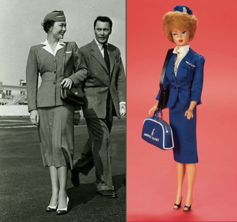 Left is black-and-white image of the actress Jane Wyman posing in a blazer with straight bottom hem, skirt covering the knee, matching cap, and two-tone closed-toed shoes, carrying a black bag over her shoulder. A male actor walks past in the background and they exchange a glance. At right, color photo of bubble cut Barbie in American Airlines blue uniform including blue blazer with curved bottom hem, skirt covering the knee, matching cap, white blouse, black open-toed shoes, black shoulder bag, and blue American Airlines branded luggage in hand.