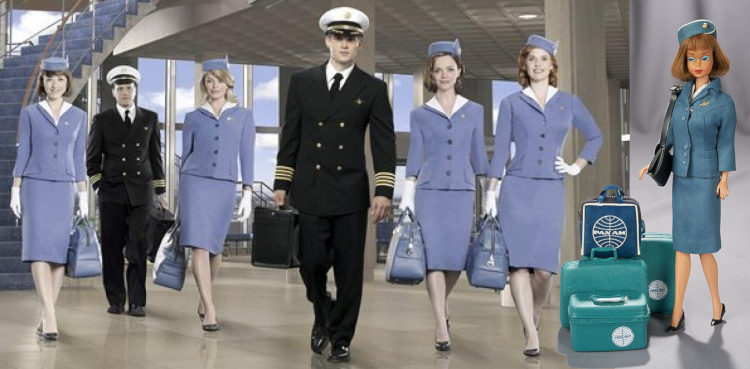 L: Row of human actors, two male and four female, walk toward the camera. Women wear powder blue suits with straight-hemmed jackets, skirts to the knee, matching caps, white blouses, white gloves, white hosiery, and dark closed-toed shoes. All carry a pice of small powder-blue luggage. Doll's outfit is mostly the same, lacking gloves, substituting copen-toed black shoes, wearing a black shoulder bag, with a little more green in the uniform color. She stands next to a stack of plastic doll-scale luggage with Pan Am logos, topped by the Pan Am bag that was sold with the ensemble.