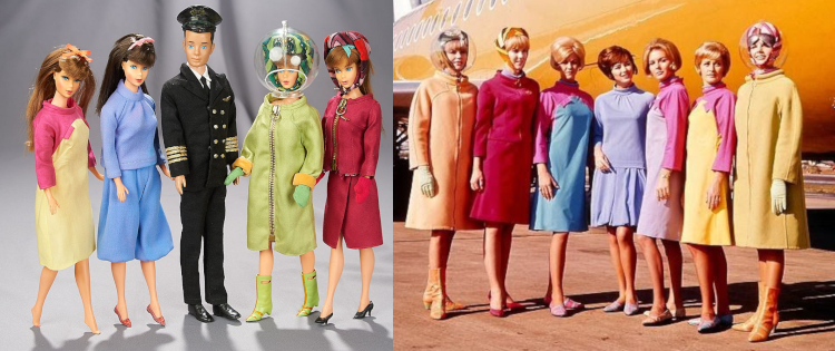 L: Four Barbies in Braniff uniforms surrounding a Ken dressed as pilot; R: line of seven women wearing Braniff uniforms standing before an orange plane. The Barbie-scaled uniforms are (quoting 1967 Montgomery Ward catalog), L-R: "chic A-line dress" in butter yellow with hot pink sleeves and top;  "kicky stretch culottes and top" (described by Sarah Sink Eames as hostess pyjamas) in periwinkle, shown with raspberry flats; boarding outfit of coat, hat and boots in mint green with gold trim, plus print headscarf and "Bubble top" clear plastic helmet, and "raspberry suit" of wrap skirt, zippered top, red gloves, second print scarf, shown with black heels, for greeting passengers. Humans wear: the boarding suit in canteloupe; the raspberry suit, which appears to be a one-piece coat with side closure; the A-line dress in pink and blue; hostess pyjamas in periwinkle; another A-line dress in pink and a very light blue or white; A-line as described for Barbie; and the boarding suit in buttercream. Boarding suits shown with matching boots, others with coordinated flats or low heels.