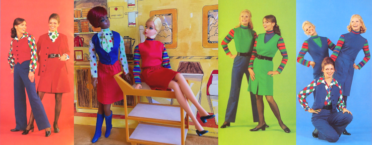 Four panels. Three photos of humans in colorful flight attendant uniforms, one each with red, green and blue backgrounds, and outfits emphasizing that color. Apparel items included blue slacks, skirts in each color to just above the knees, red vest, long sleeved shirts with solid bodices and patterned sleeves, and patterned blouses. Dark panty hose and square-toed shoes are worn with all outfits. Finally, the photo of Barbies shows Julia standing next to the gold service cart that came with the 1973 Barbie Friend Ship, and Hair Fair sitting atop the cart, wearing outfits like those of the humans, without hose, and with Julia in blue boots. The Mattel ensemble came with only one pair of shoes but otherwise enough garments for two (although I am missing the navy slacks and show two of the red skirt instead). Behind the dolls and cart, a reproduction of the Barbie's Friend Ship paper dolls folder resembles the interior of a 1970s plane, with cloudy skies visible through windows, red upholstered seats, and a serving station visible. The backdrop and props in the shot have a yellowish hue to complement the red-, green-, and blue-forward vintage photographs, although there is no yellow in the costumes for this to play up.