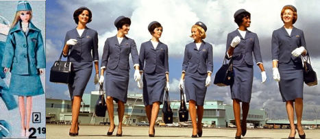 Doll and line of humans in blue suits with knee-length skirts, matching caps, and white blouses. Humans carry black bags hooked over the elbow or held in the hand. The Delta flight attendants wear black closed-toes shoes. Barbie wears white sneakers or may be barefoot, but in previous catalogs was shown wearing black open-toed shoes. Bits of other outfit pieces are visible in the background but incomplete. The text (not shown) indicates these as a jumpsuit, apron, flight bag and handbag.