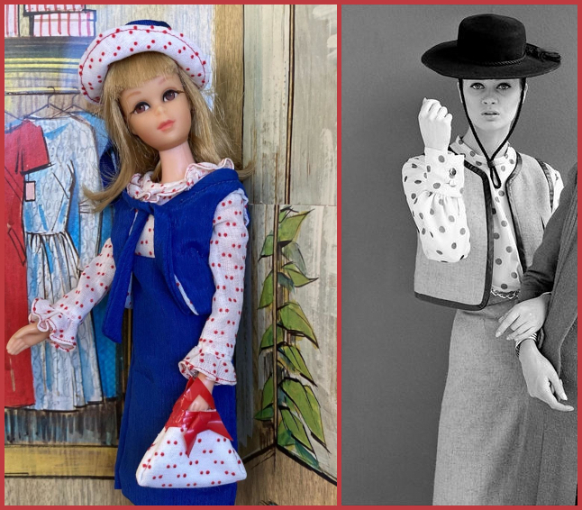 L: Color photo of Francie in the Concert in the Park ensemble; R: B/W photo of model in Mary Quant. As in the previous image, Francie's top is white with red polka dots. The Quant ensemble includes a white top with polka dots. Both wear vests, Francie's in blue matching her skirt, and the model in an unknown shade that also matches the skirt. Both wear hats: Francie's in the polka-dotted fabric of her dress top with a blue bow, Celia Hammond's in black with a tie at neck. Francie carries a purse in the same polka dot fabric with red trim,