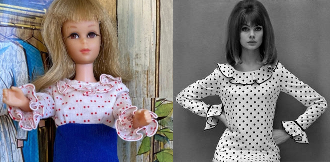 L: Color closeup of Francie in the dress from Concert in the Park, a similar silhouette to It's a Date with very high waist and straight skirt. The top is white with red dots, ruffled collar and ruffles at the wrists. R: B/W photo of model in Mary Quant. Her dress is a shift in white with black or dark-colored polka dots, ruffled collar and ruffles at the wrists.