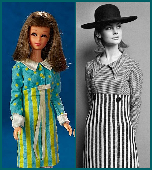L: Color photo of brunette Francie; R: B&W photo of model in similar dress by Mary Quant. Both dresses have waists just below the busts, large pointy collars, and skirts with wide vertical stripes. The Quant dress top has a checked pattern while Francie's is polka-dotted. Francie's has a bow at the waist and two buttons going down the bodice, while the Quant dress has two buttons at the waist. The Quant collar is the same fabric as the top, while Francie's has a white collar and cuffs. We can't see if the Quant dress has cuffs because the model's hands are behind her back.