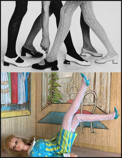 Top: B/W photo of three models' legs in patterned tights, all crossing each other and each wearing two different shoes. At front are white or light tights with a diamond pattern, then black tights with large polka dots, then dark tights with a scale pattern. Bottom: Color photo. Light-haired Francie in It's a Date, including the light tights with dot pattern, lying on her back and kicking her legs in the air.