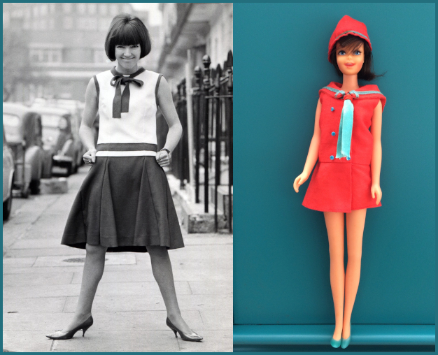 L: B/W photo of Mary Quant in a low-waisted knee-length sailor dress with white sleeveless top, dark skirt, and ribbon trim. R: Color photo of brunette Casey in red sleeveless sailor minidress with teal buttons down the front, teal ribbon tie front and teal-trimmed red hat.