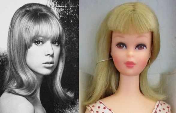 Black and white photo of Pattie Boyd and color photo of Francie in box, both from the shoulder up. They have strikingly similar facial features (though Francie's eyes are brown and we know from other sources that Pattie's are an intense shade of blue) and similar length flip hairdos with heavy fringes.