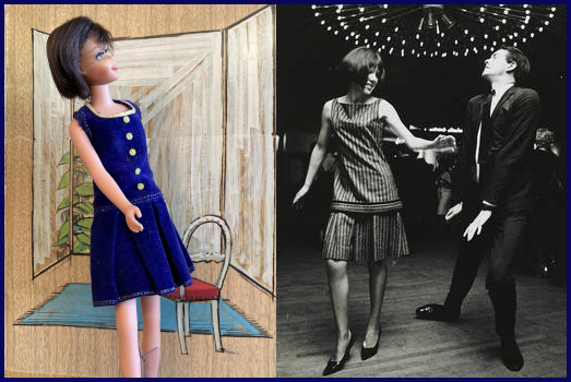 L: Color photo. Brunette Casey in low-waisted sleeveless dress with pleated skirt and buttons down the front. R: Mary Quant, with dark brown bobbed hair, in a pin-striped low-waisted sleeveless dress with pleated skirt. She wears dark hose and black flat or low-heeled shoes, and dances with a man in a suit. Casey's legs are bare and her feet are not visible.