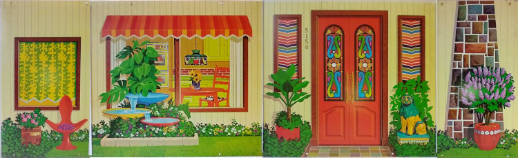 Four panels. L: window with green-and-yellow drapes inside; in the fore, a reddish-orange chair with tulip base, wide winged armrests, and purple seat cushion. Next: a fountain consisting of 3 wide, shallow plates at different heights, in blue, yellow and red, sits before the kitchen window. A stained glass pendant lamp can be discerned inside over a table and chair set that looks like the one included in the set; next: Red front door with rainbow stained glass, long windows to either side with printed curtains inside, a range of greenery, and a gold and teal stone lion. R: Exterior side of the fireplace panel shows colorful stone in a random-looking pattern, along with a purple blooming bush in a large pot.