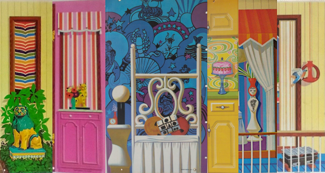 Collage of images from walls of the Lively Livin' House: A stone lion guards the front door; inside the rood, a ceramic cat sits on a side table; in the bedroom, a modern sphere-shaped lamp sits on an hourglass-shaped stool/side table, with psychedelic blue-and-purple wallpaper depicting signs of the zodiac; a pink cake on a cakestand in the kitchen; an exterior view of a funky planter in the bedroom; and a bird alighting at a futuristically shaped birdfeeder, an orange sphere with large cutouts.