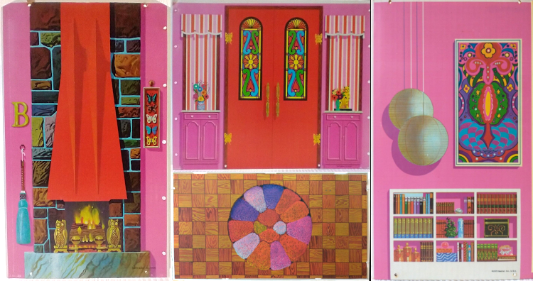 Four panels showing living room walls and floor. Walls are pink. On one side of the room is a colorful stone fireplace with crackling fire; next to that are the bright red front doors with colorful stianed glass, and windows ot either side with orange-and-pink striped curtains; to the right, the wall shows a psychedelic poster, two white hanging lamps with spherical shades, and a low bookshelf of books and knickknacks. The floor is wood parquet look with a circular, flowery rug in pinks, reds, and purples.