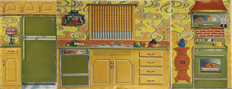 3 panels showing kitchen walls. All show green appliances, yellow cabinets, and walls covered in swirls of yellow, green, and orange. L: Refrigerator and cake stand with pink cake. C: dishwasher and sink, plus pendant lamp with stained glass depicting fruit, and a pile of fresh produce directly on the counter. R: oven with teakettle atop and some sort of large bird cooking within. Smaller oven or microwave overhead has more items inside, and red brick spans the space between the two ovens. To the side of the oven is an unidentified furniture item in a terra cotta color, perhaps somewhat vase-shaped, with a vented wide belly--like an early space heater or something. A blue teapot sits atop.