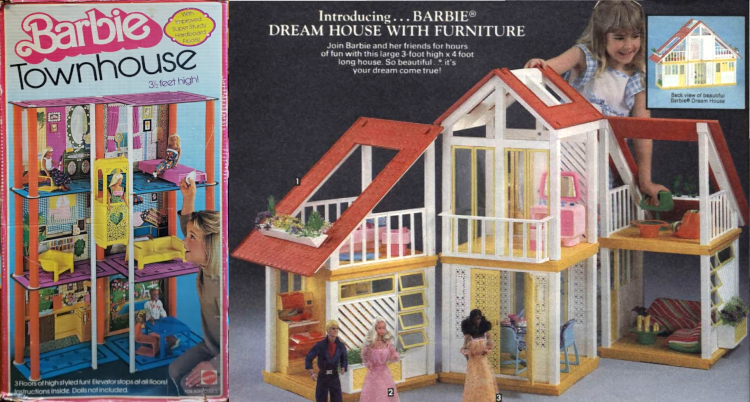 L: Barbie Townhouse packaging shows a 3-story colorful plastic house with its own elevator. The rear walls and floors have screened designs. R: color catalog image for the A-frame house, a large 2-story structure with slatted and vented walls instead of vinyl or chipboard screened images.