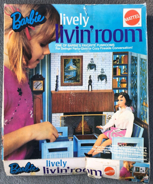 Packaging for the furniture set Barbie lively livin' room (or livin'room, it's had to tell if they wanted a space there). Smaller text says, "ONE OF BARBIE's FAVORITE FUNROOMS; For Swingin' Party-Givin' or Cozy Fireside Conversation!" In the image, a child plays with a Barbie doll and furniture set of blue plastic, consisting of snap-together sofa, table, and chair. The sofa and chair have stickers showing vertically-striped upholsetery in blues and brown, while atop the table is a sticker showing a chess board.