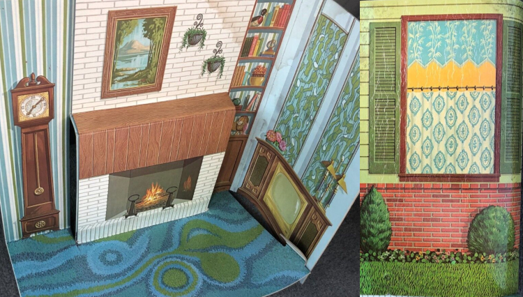 Living room walls and floor: the carpet is pretty psychedelic, with blue and green swirls. Other furnishings are more staid, such as a grandfather clock, a landscape painting, and a television in a heavy wooden cabinet. The space is dominated by a white brick fireplace. Outside, the house is red brick up to a couple feet, then yellow boards; a window has green shutters and blue-and-white curtains within.