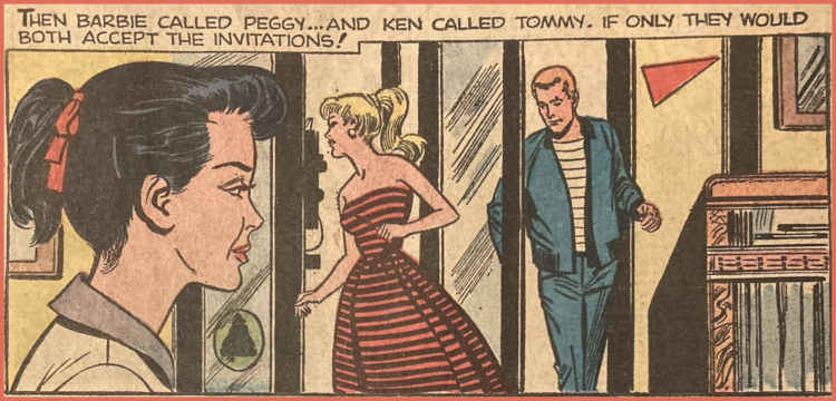 Color comic book panel. Blonde ponytail Barbie wears a strapless, full-skirted dress of narrow horizontal red and black stripes, and leans into a phone booth. Caption reads, "Then Barbie called Peggy... and Ken called Tommy. If only they would both accept the invitations!"