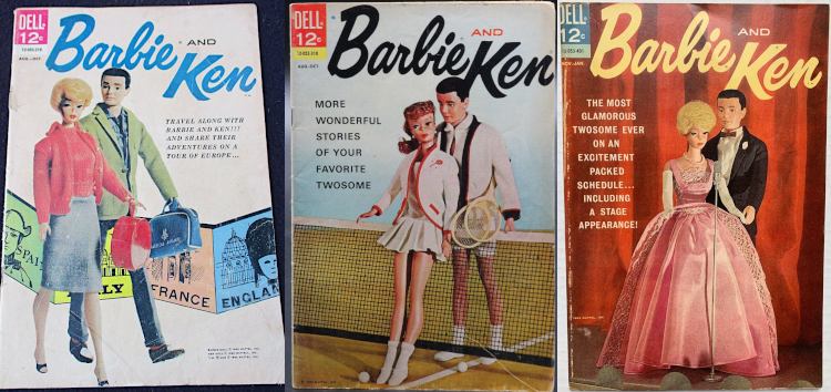Color comic book covers feature posed and photographed Barbie and Ken. L: Blonde bubblecut Barbie in Sweater Girl carries a red hatbox, while Ken carries the American Airlines travel bag, before a row of solid colored pictures reading Spain, Italy, France, and England in green, yellow, pink, and blue, with figures or architecture sketched for each nation. C: dark blonde or reddish Barbie in Tennis, Anyone? and Ken in his tennis duds stand on either side of a net, both facing forward with Barbie leaning back against the net and Ken. Ken holds two rackets and looks slightly down toward Barbie. R: Barbie in the dress from Sophisticated Lady and Ken in tuxedo stand at a microphone with a red curtain behind. Each cover is titled "Barbie and Ken."