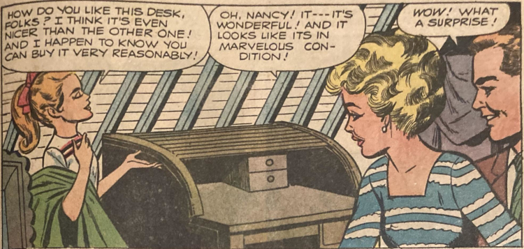 Color comic book panel. Yet another fan club member, Nancy, gestures to a desk, saying, "How do you like this desk, folks? I think it's even nicer than the other one! And I happen to know you can buy it very reasonably!" Blonde bubble cut Barbie in Let's Dance and Ken both agree enthusiastically.