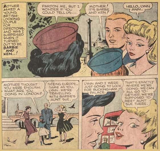 Three color comic book panels depict how fan club member Lynn met Barbie (blonde ponytail in After Five) and Ken in England. Two close-up views of Barbie both misplace her face relative to her head. In the first her face is angled down more than her head, leaving a large area of forehead below the bands and compressing her mouth toward her chin. In the second her head is tilted up and to the side but her face is angled more toward the viewer. The plot-related note below the image refers to a panel in which Ken says, "We're travelling with Barbie's Aunt Sue."