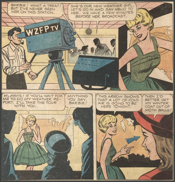 3 color comic book panels. Barbie assumes various poses in front of a vague map of the US, sometimes with TV cameras in frame. Word bubbles indicate that Barbie is the TV station's new weather girl. In one panel, Barbie points at a large blue arrow on the map and says, "This arrow shows that a lot of cold air is going to be here tonight." She wears a dress that looks like Movie Date but in green with darker stripes.
