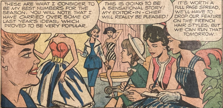 Color color comic book panel at Madame Carla's salon. Models parade by in Silken Flame (in its original hues), Theatre Date (blue dress with white bolero), and Fashion Queen swimsuit and headscarf (in black and white stripes). The Silken Flame model's head is obscured by word bubbles.