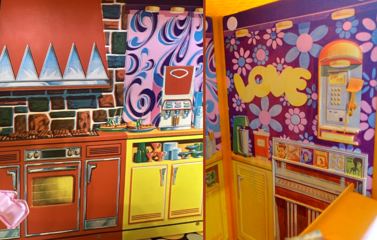 Closeups of two interior walls. The grill with oven beneath and range hood overhead is orange with chrome trim and fieldstone backboard. Next to it are yellow counters with a soda machine on a pink, psychedelic-swirled background, and around the corner, a milkshake maker and some sort of canister. That wall is done in purple with pink-and-blue daisy pattern, still psychedelic, and the word LOVE printed in yellow bubbly script. Next to the counter is the jukebox, a low boxy style without any flashy lights. Looks like a cigarette machine of my youth. Album covers in miniature along the top may be based on real albums of the time. Above the jukebox is a "pay phone" in silver with orange receiver. It looks like a shelf with phone book is represented below.
