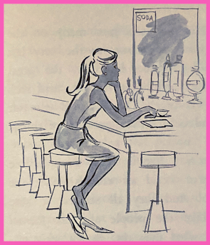 Another black-and-white book illustration, Barbie sits on a stool at a bar or counter--a sign on the wall reads, "SODA" to clarify. A teacup sits next to her hand. She has removed her shoes.