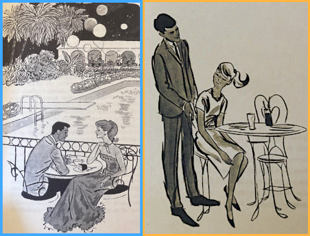 Two black and white book illustrations. Left, Barbie in evening dress sits with a man in white tuxedo jacket at a circular table overlooking a swimming pool and palm trees. At right, Barbie in knee-length dress is helped into her seat by a man in a suit. The table and chairs appear wrought iron.