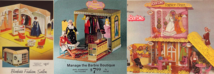3 color catalog images. At left, "Barbie's Fashion Salon" has a stage with curtain, two armchairs, a coffee table with magazines, a 3-paneled mirror, and shelves, racks and counters for merchandise. Bubble cut Barbie poses on stage in evening dress. Center is the Boutique, as previously described. Barbie is in the scene wearing one of her prairie-inspired dresses, and the mannequin wears a short pink dress or nightgown. A second Barbie occupies the chair. Right is Barbie Fashion Plaza, a two-story stopping extravaganza with escalator, food court, salon, and bridal boutique.